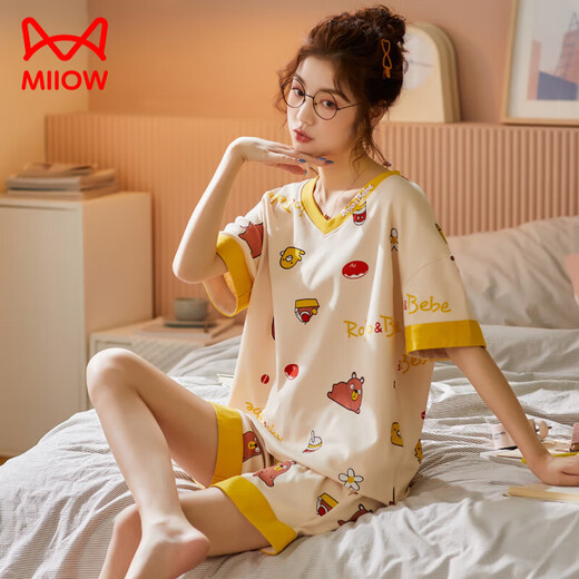 猫人（MiiOW）夏季女士睡衣纯棉家居服薄款韩版可爱公主风短袖两件套装春秋女 翠绿色 GXT6636图色 L (建议95-115斤)