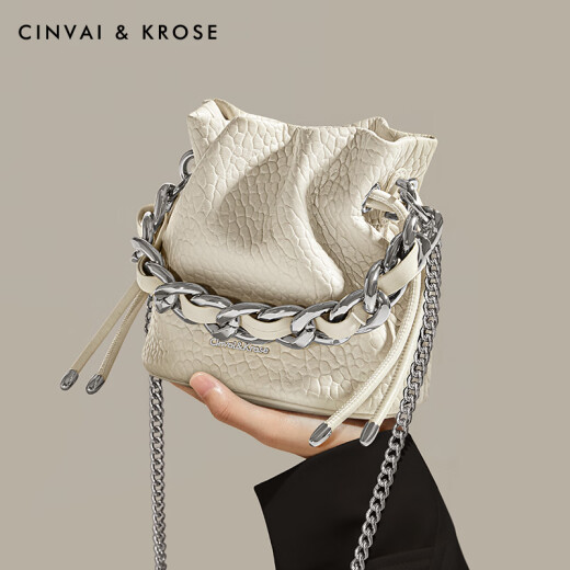 
CinvaiKrose small c/k bag women's 2025 new fashion chain bucket bag genuine leather handheld crossbody bag white White