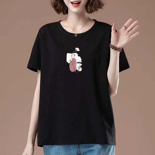 Lanye Mengxiang women's short-sleeved high-end women's fashionable middle-aged fat mmt shirt women's summer plus size women's loose cotton middle-aged coffee 9892 models cotton 95% spandex 5% L 100-115Jin [Jin equals 0.5 kg]