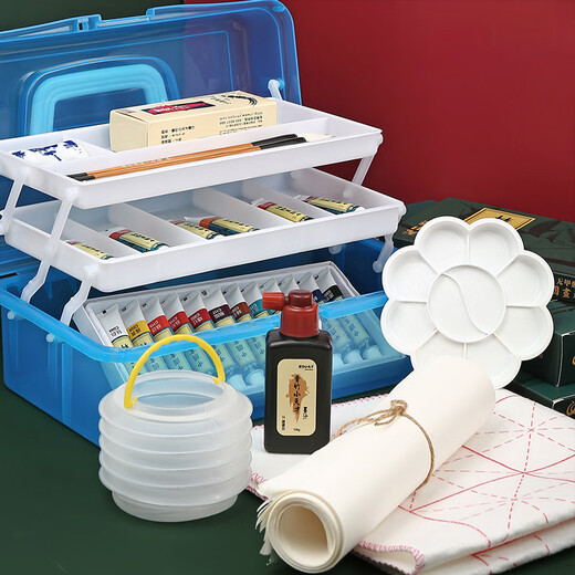 Green Bamboo Painting Materials (CHINJOO) Chinese Painting Pigments Beginners Children's Ink Painting Boxed Chinese Painting Gongbi Painting Primary School Students Entry Chinese Painting Supplies Tools Art Sketching Beginners Try 13-piece Set - 12 Colors 5ml