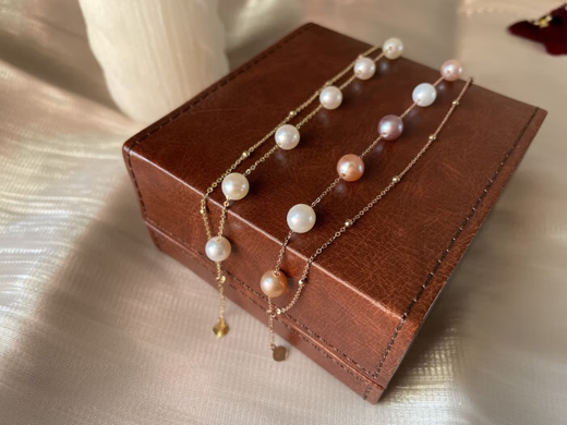 CAOX 18k gold freshwater white transparent pink bracelet full of stars double layer multi-layer winding women au750 18k gold white beads thick chain 4-5mm16cm