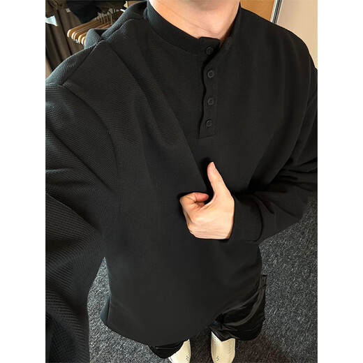 Du Xiaoxian cleanfit Henry collar long-sleeved T-shirt for men in spring and autumn trendy brand handsome high-end top American heavy sweater black XL recommended 120-140Jin Jin is equal to 0.5 kg