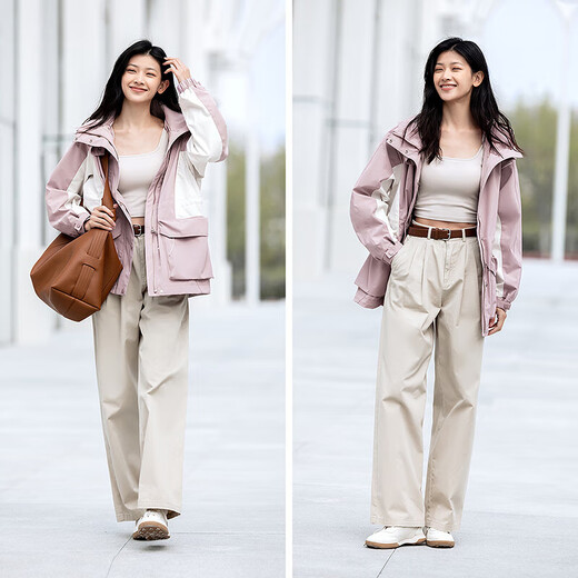 森马（Semir）防护外套|外套女中长款拼色三防防风秋潮酷宽松连帽上衣户外 紫白色调00471 M