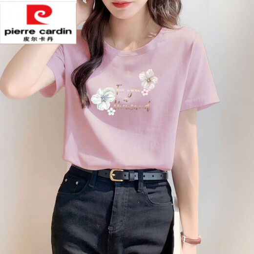 皮尔卡丹（pierre cardin）正肩纯i棉粉色t恤女士短袖宽松时尚百搭体恤夏季2025年新款上衣潮 6296黑色 短袖 M (建议80-105斤)