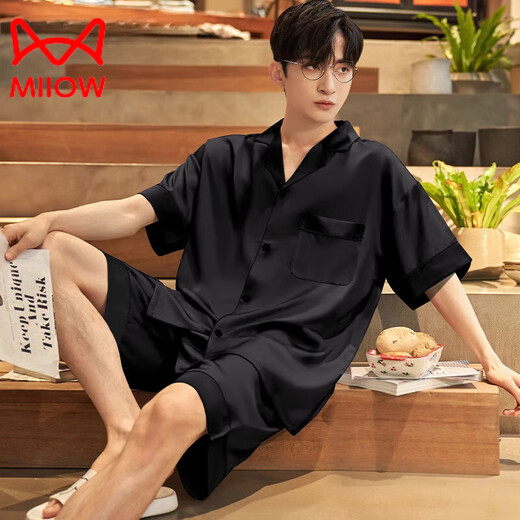 MiiOW pajamas men's summer ice-sleeved short-sleeved pants summer thin simulated silk boys' youth student home clothes set G542 L (height about 170 and weight-130Jin Jin is equal to 0.5 kg)