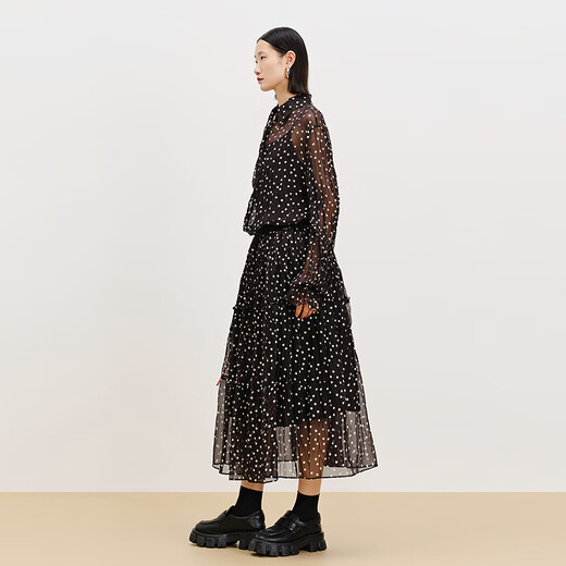 AUM Easy Suit Spring New Chiffon Printed Polka Dot Shirt Black Skirt Black Skirt M