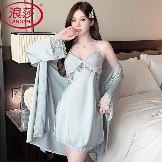 浪莎（LangSha）轻奢性感睡衣带胸垫禁欲系女纯欲睡裙新款秋冬款冰丝家居服女款 XS6227蓝色 M 【建议100斤内】