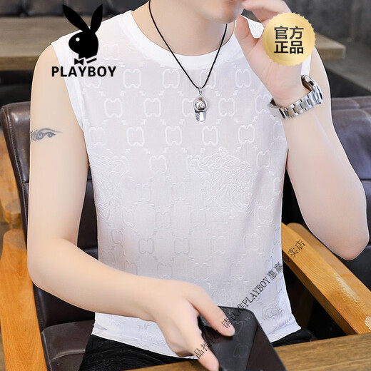 花花公子（PLAYBOY）2025夏季新款男士冰丝提花背心加肥加大码速干无痕无袖T恤衫 【单件上衣】Q6629灰色 3XL 170-190斤