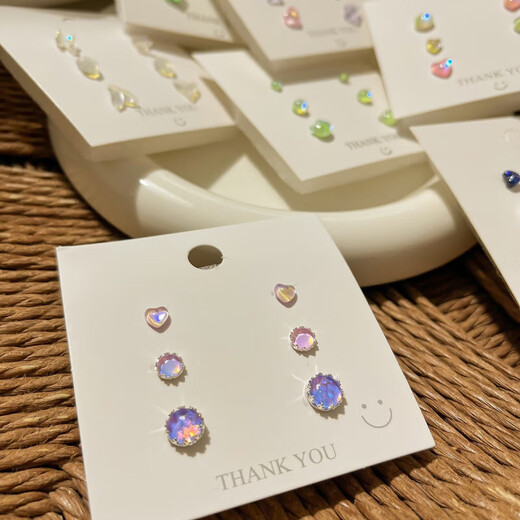 2025 Spring New Style Flashing Colorful Laser Silver Needles Small Earrings Cute Everyday Earrings Trendy Peach Heart Earrings Colorful Laser Earrings Three-piece Set-Pink Yellow Blue