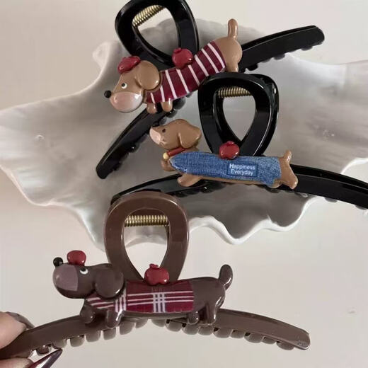 Cute and versatile cartoon puppy dachshund hairpin new high-end back head hairpin shark clip hair accessory blue striped dog-small grabber