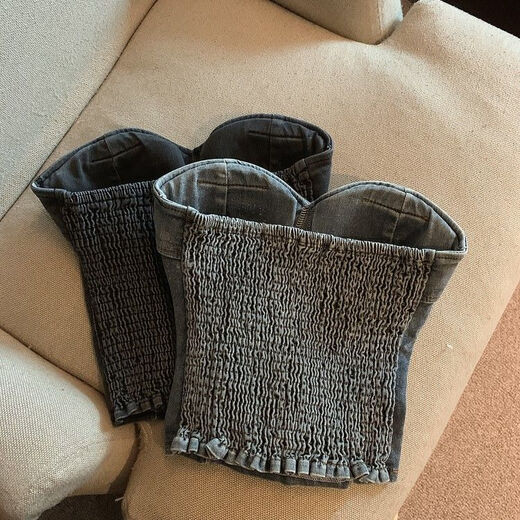 Banfishi Fashion Hot Girl Retro Color Denim Tube Top Women Summer 2023 New Sweet Cool Versatile One-shoulder Navel Short Top Black S