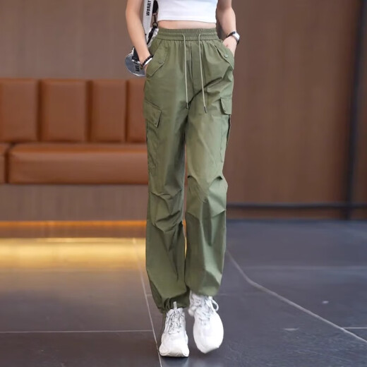 定原绿色美式工装裤女夏季薄款直筒裤2025新款高腰宽松阔腿速干运动裤 9929黑色【夏款】 S /26【80-95斤】