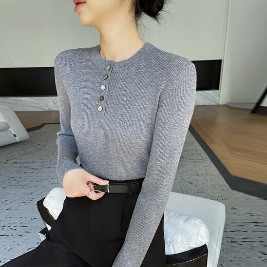 牧什精纺羊毛衫女100%纯羊毛毛衣女纯色修身抽条针织打底衫PN24E099M 白色 M