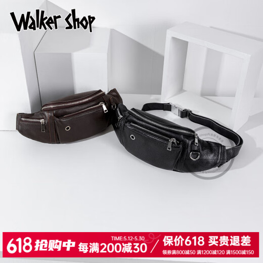 Walker Shop男士胸包真皮男腰包2025年新款休闲单肩斜挎包多功能大容量手机包 黑色