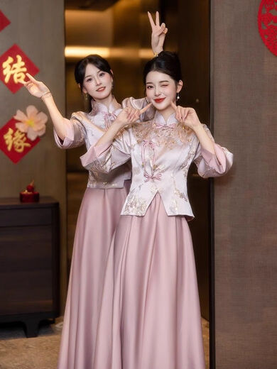 New Chinese bridesmaid dress pink 2025 new long-sleeved sister group cheongsam engagement dress daily wearable in autumn and winter Pink-Crane Gold-A Style L 100-110Jin Jin equals 0.5 kg