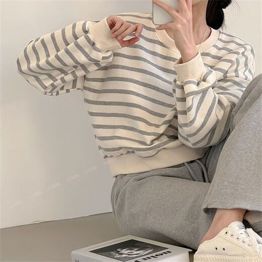 清池影（QINGCHIYING）条纹卫衣女短款2025年新款薄款韩版小众女装宽松春秋冬加绒上衣 9923卫衣 黑色 薄款 M 80-100斤