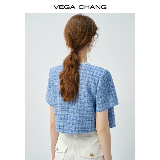 Vega Changvegachang Frauen Kurzjacke 2025 Neue Frühlings- und Sommer Retro Eleganer Stil gewebter kleiner Geschmack Kurzarmjacke Sky Blue_Second Batch s