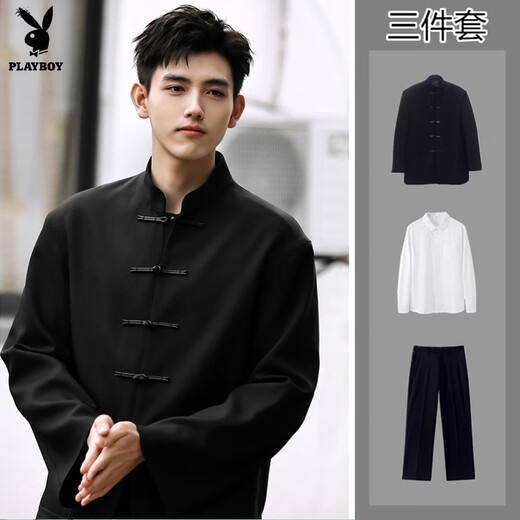 Playboy Chinese style tunic suit men's complete set of dk uniform spring and autumn new Chinese style stand collar national trend button coat black jacket S collection priority delivery