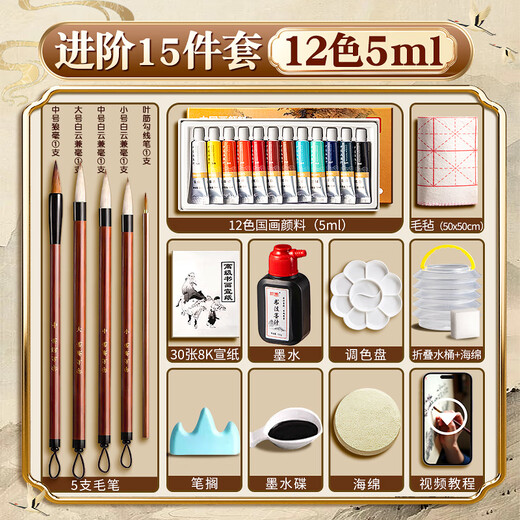 Deli Chinese painting pigment multi-color Chinese painting children, adults, art students special beginner set entry-level brush ink painting tools full set of 24 colors Chinese painting pigment elementary school student set advanced 12 colors 5ml-15 pieces