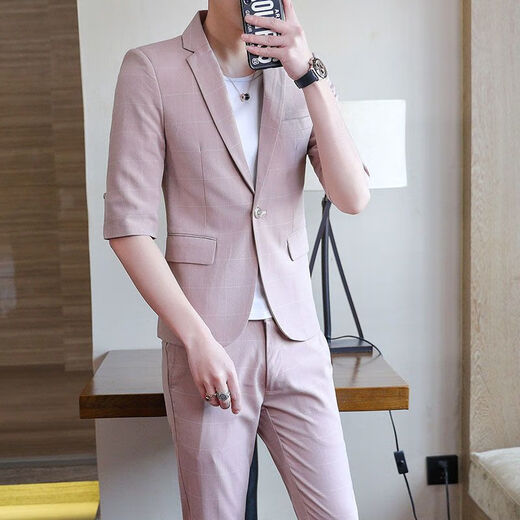 Heyu summer suit casual thin mid-sleeved plaid small suit men Korean style slim green men's seven-quarter sleeve jacket T9926-Grey M [90-105Jin[Jin equals 0.5 kg]]