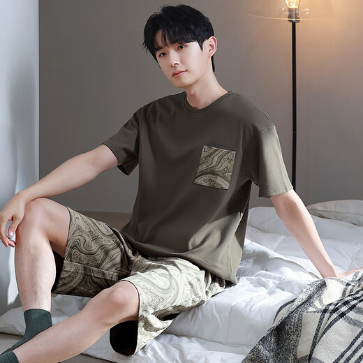 Zhulu summer pajamas men's round neck pullover pure cotton short-sleeved suit loose casual Korean style printed thin men's home clothing G867 L