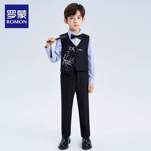 Romon boys dress suit summer suit children's national style new Chinese embroidered vest handsome performance costume black 150