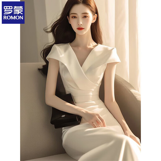 罗蒙醋酸缎面白色连衣裙女夏上流社会高端精致气质女神范高级感超好看 白色连衣裙 M 【建议95-105斤】