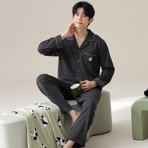 
100% pure cotton men's pajamas spring and autumn lapel long sleeve trousers cotton suit for middle-aged and young people to go out loosely T16802 men's style [long sleeve + trousers] L [120Jin[Jin equals 0.5 kg]]