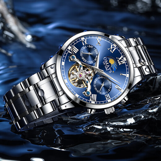 European and American watches men's mechanical watch Swiss certified fully automatic hollow flywheel men's watch waterproof luminous multi-function watch natural blue face - famous craftsman