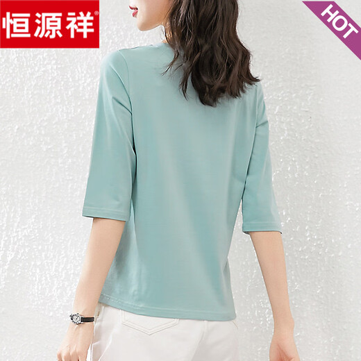 Hengyuanxiang 2025 new spring and autumn summer pure cotton high-end seven-quarter sleeve T-shirt women's mid-sleeved loose fashionable age-reducing top W6172 ice blue mid-sleeved XL (recommended 120-135Jin [Jin equals 0.5 kg])