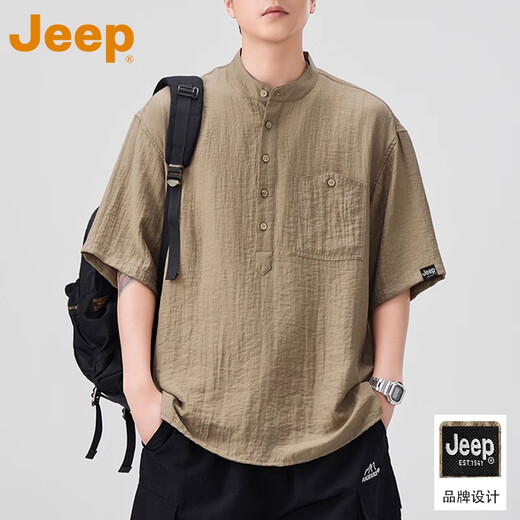 Jeep Jeep ice silk linen short-sleeved shirt men's summer thin henley collar half cardigan loose trendy shirt khaki official authentic L Recommended 120-140Jin Jin equals 0.5 kg