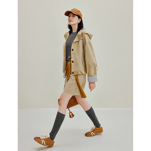 
INMAN outdoor wear hooded striped flower bud jacket 2025 autumn women's new casual slack top Deep khaki M