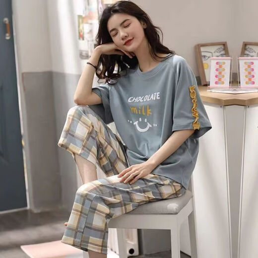 欧妙妤新款睡衣女士夏季短袖七分裤薄款夏天可外穿卡通家居服套装春 七分裤679巴比熊套装D M 女75-95斤左右