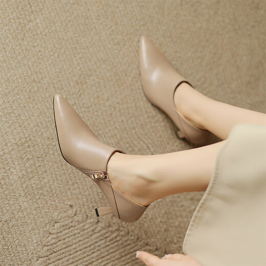 Belle French ankle boots for women spring and autumn single boots sheepskin winter pointed toe deep mouth high heels women's stiletto leather shallow mouth short boots white 35