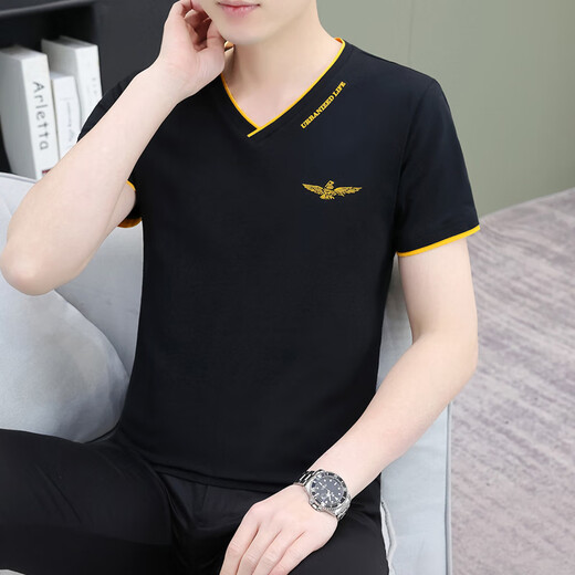 Playboy (Playboy) Sommer Herren kurzärmeliges T-Shirt Pure Cotton V-förmige Ausschnitt Trendy Slim, halbärmelige Jugend Casual Top Thin Sweat Shirt Qy694 Black M.