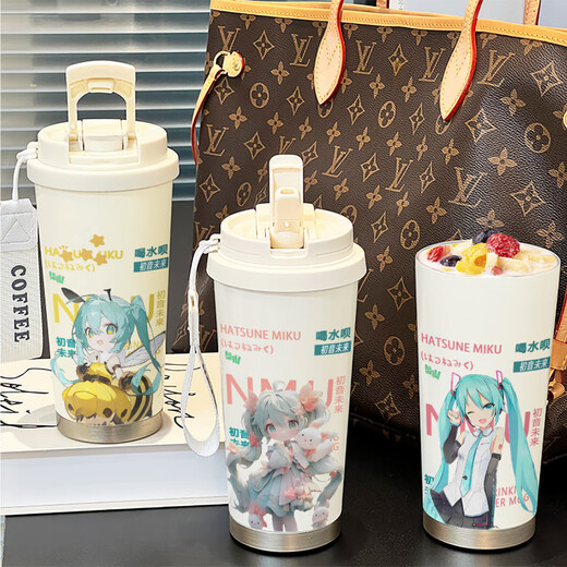 Zhewei Hatsune Miku thermal insulation straw water cup for women with large capacity high-value wear cup stainless steel cold-proof double drink coffee cup BXAB1391 Hatsune Miku stainless steel inner liner-520ML with lanyard