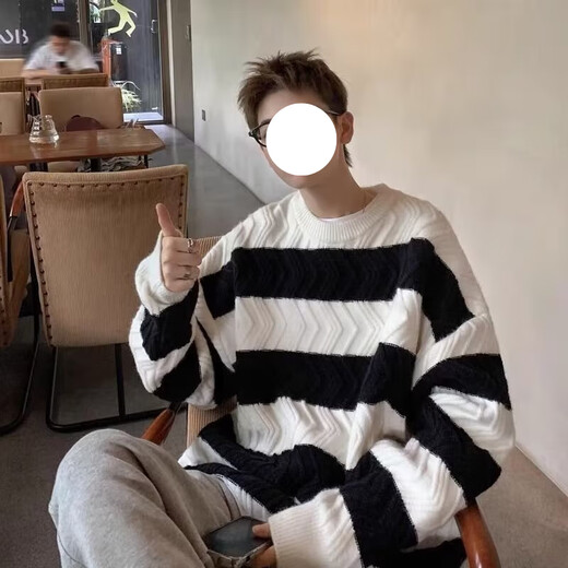 迪伽达2025冬季新款日系长袖宽松套头条纹圆领毛衣男设计感小众oversize DDD- 841灰色 L