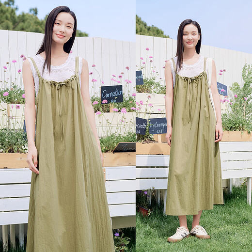片断连衣裙女2025夏季新款系带设计休闲简约慵懒度假风无袖吊带裙 灰绿 L
