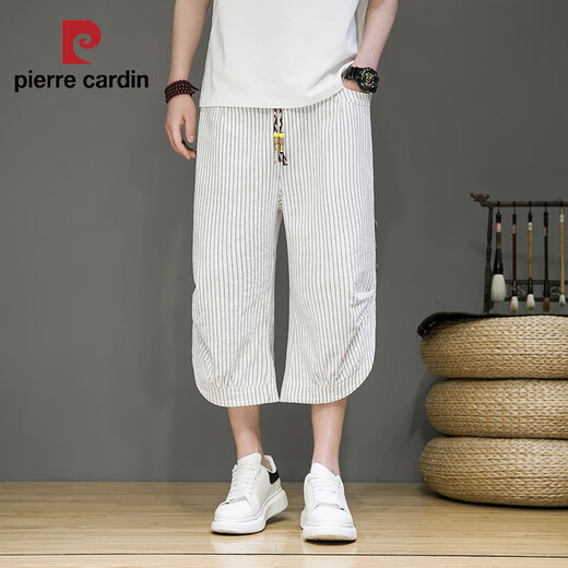皮尔卡丹（pierre cardin）中国风七分裤男夏季薄款条纹休闲短裤宽松潮牌大码7分阔腿哈伦裤 黑色 M 【90-115斤】