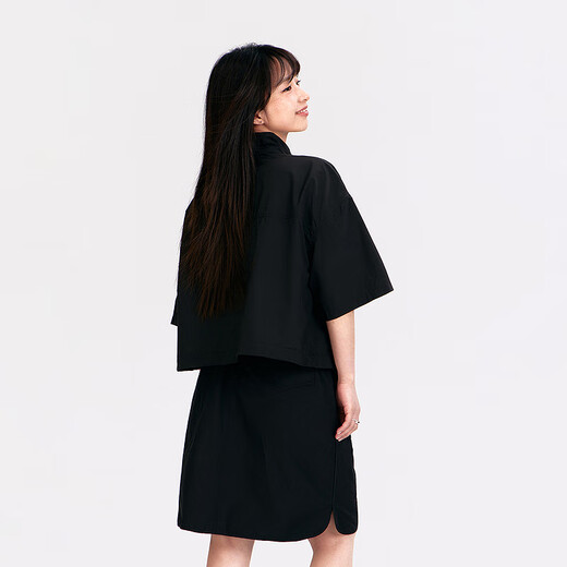 NO ONE ELSE字母翻领外套女士2025夏季新款印花口袋短袖机能夹克 黑色 均码