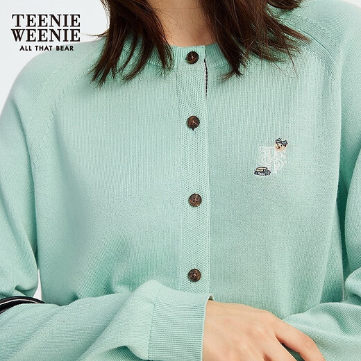 Teenie Weenie Bear Women's Wool Sweater 2025 Autumn New Simple Fashion Light Thin Round Neck Cardigan Mint S