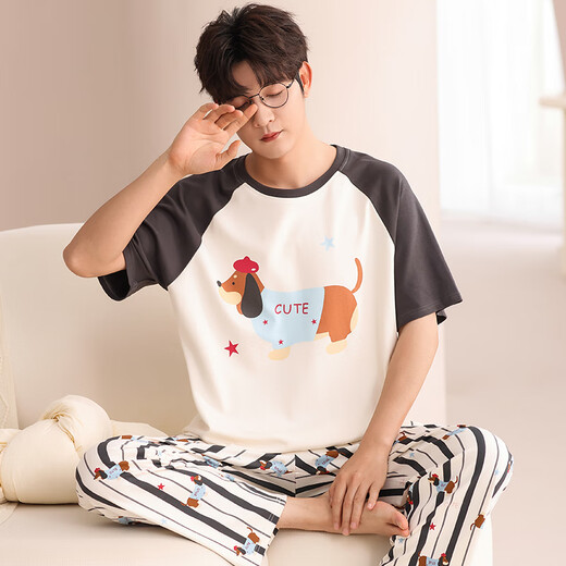Langsha Pajamas Men Summer Algodón puro Pantalones de manga corta Traje de cuello redondo casual Floja de verano Summer Ropa de verano 833 Hombres l