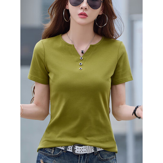 Zhufan Chicken Heart Collar Kurzarm T-Shirt Großgröße Frauen Baumwolle kleine V-Ausschnitt Frauen 2025 Sommer neuer Knopf Lösche halbe Ärmel rechts Schulterstil 6623 Linglong Lila (Knopfstil) S empfohlen 80/95jin [Jin gleich 0,5 kg]