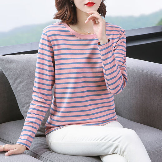 Opeodly mittlere Mutter 2025 Herbst neues Langarm Shirt Damen Striped Rund Neck Basis Hemd Locker großes oberes neues Produkt [833 Grün] M [90-105jin [Jin entspricht 0,5 kg]]