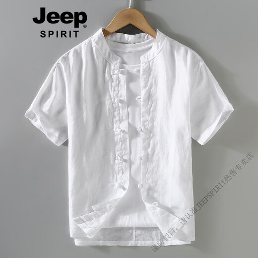 
JEEP SPIRIT retro Chinese style summer linen top Tang suit men stand collar thin short-sleeved cotton linen shirt Chinese button-up shirt 1047 white M
