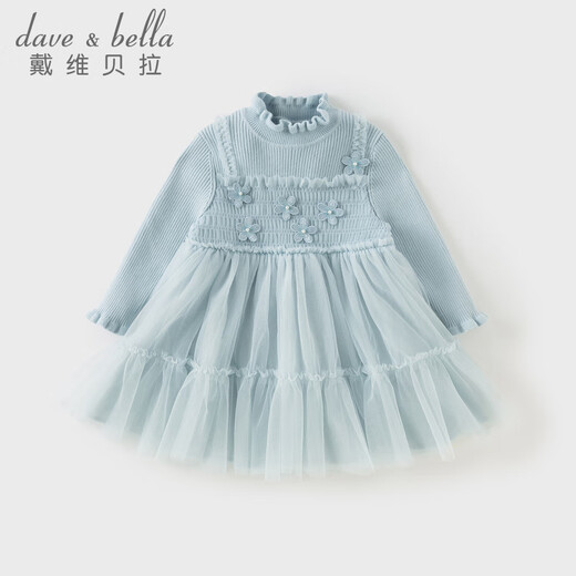 DAVE&BELLA Girls Sweater Dress Children's Mesh Skirt Winter New Baby Girl Skirt Western Style Little Princess Dress Ice Blue Ready Stock 90 cm (recommended height 80-90cm)