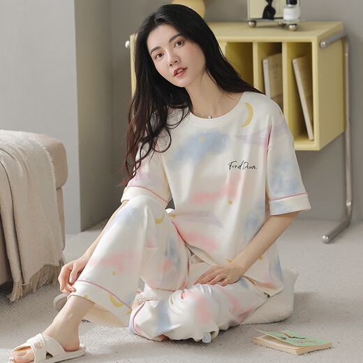 雅鹿新款睡衣女春夏季新疆棉短袖长裤薄款棉可爱学生家居服女套 XYZ9720 M
