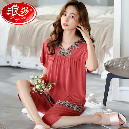 
Langsha high-end pajamas for women in summer combed cotton short-sleeved cropped pants two-piece summer thin middle-aged mother home clothes R6623 dark powder high-end pure cotton cropped pants M standard code M80Jin [Jin equals 0.5 kg] 100Jin [Jin equals 0.5 kg]