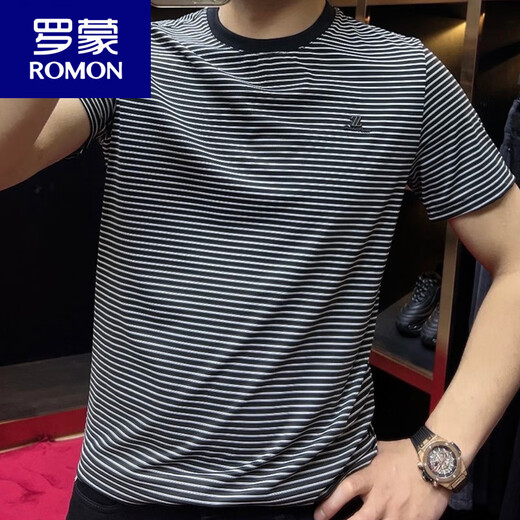 ROMON 2025 summer new product round neck striped short-sleeved men's T-shirt casual half-sleeved slim bottoming shirt sports t-shirt trend 9901 black M recommended 90-115Jin Jin equals 0.5 kg