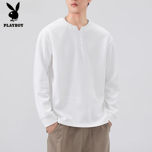 Playboy (PLAYBOY) Henry collar men's long-sleeved T-shirt autumn and winter fleece top spring and autumn sweatshirt men's inner layering shirt boys 3309 white 2XL 140-160Jin Jin equals 0.5 kg